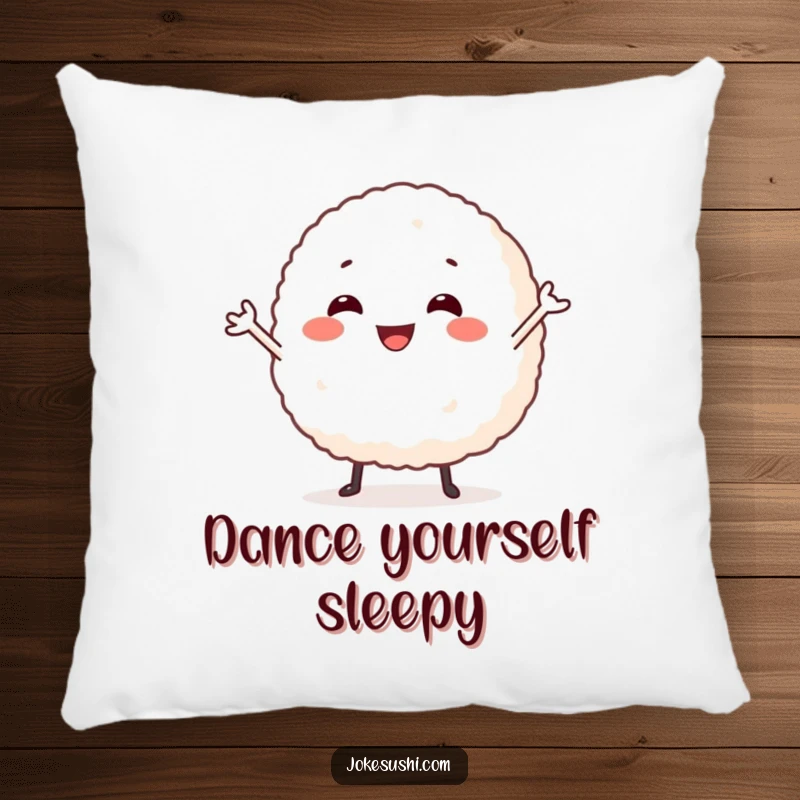 Funny pillow featuring a smiling rice ball character doing a silly dance, offering cozy comfort and a cheerful presence.
