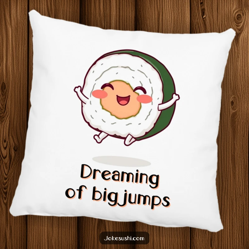 Funny sushi roll pillow, a happy character with legs playfully jumping, offering comfort and a touch of whimsy.