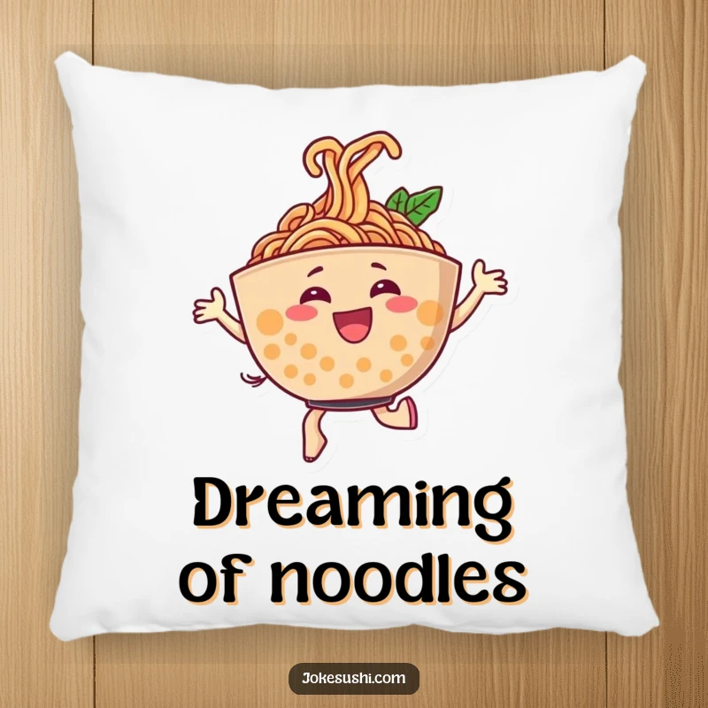 Funny pillow featuring a soft ramen bowl character dancing joyfully, noodles forming a delightful swirl, perfect for cuddling.