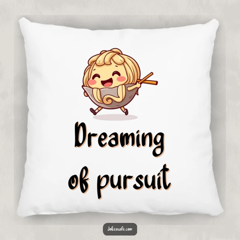 Funny Pillow featuring a cheerful ramen noodle character chasing a chopstick, perfect for adding comfort and smiles.