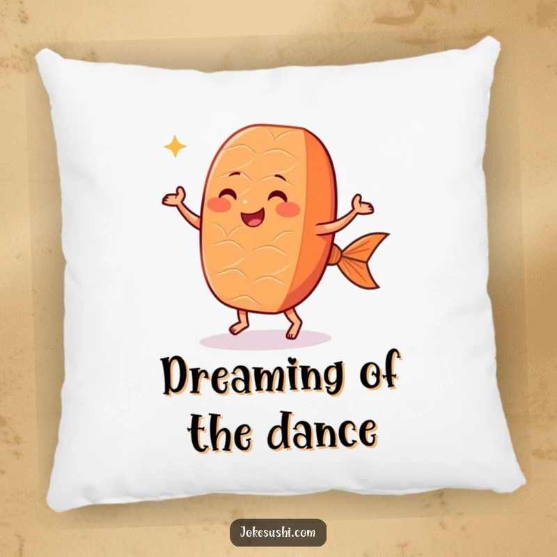 Funny salmon nigiri pillow featuring a cute sushi with tiny feet dancing happily, perfect for adding soft, humorous decor.