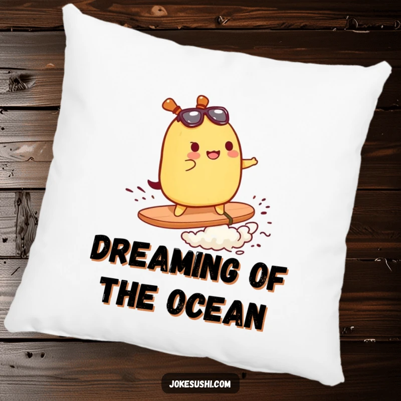 Funny pillow with a tamagoyaki character surfing on nori, adding food and surf adventure to spaces.
