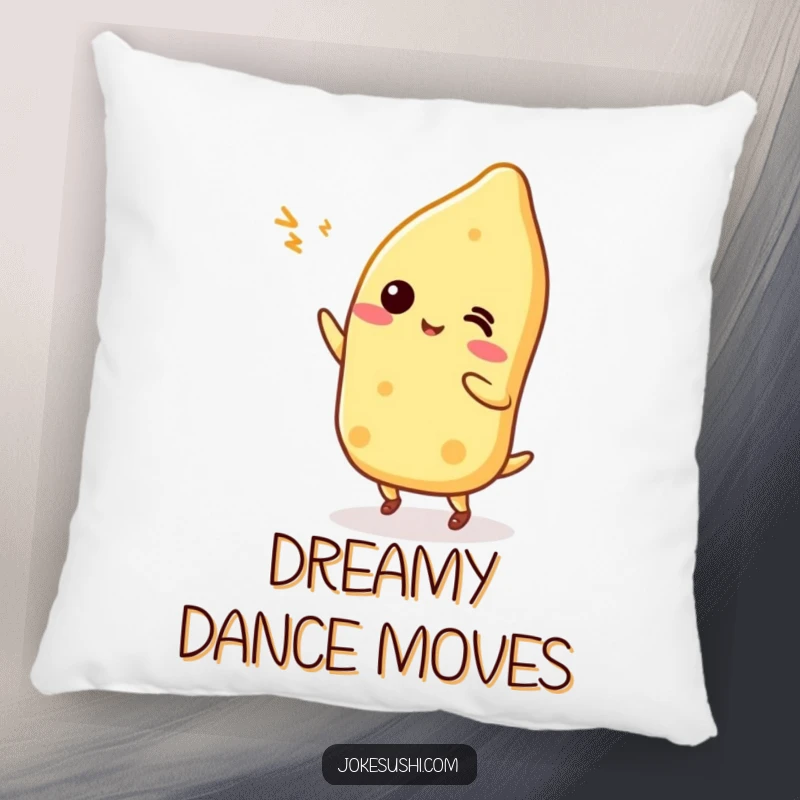 Funny Tamagoyaki character doing a silly dance on a soft pillow, bringing comfy, humorous vibes.