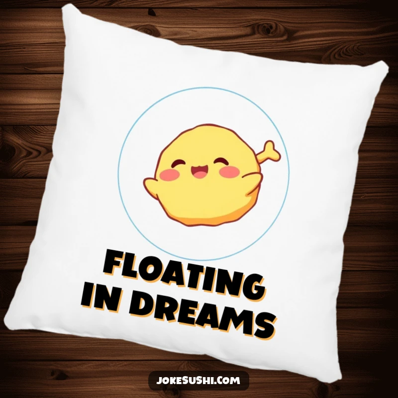 Funny Pillow showcasing a giggling tempura character joyfully floating on a bubble, perfect for comfortable, whimsical decor.