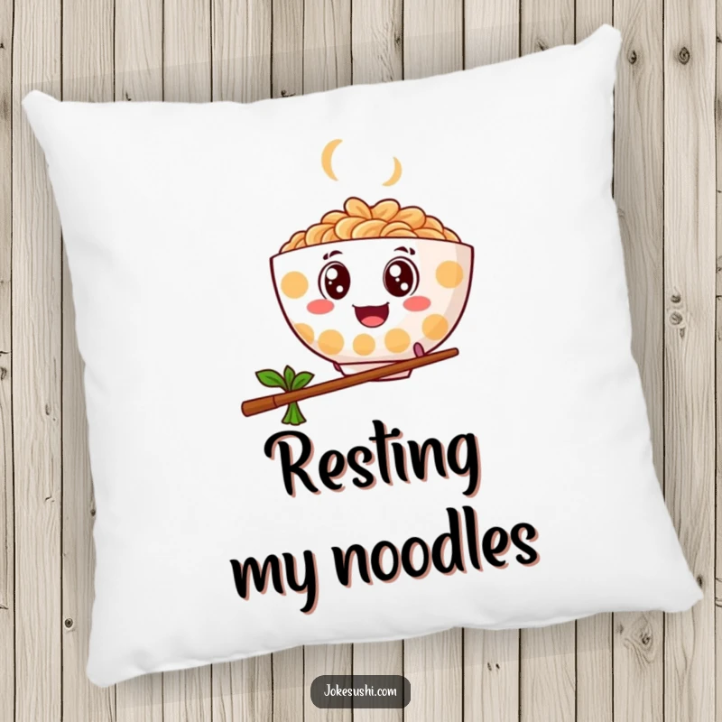 Funny pillow featuring a ramen bowl with googly eyes bouncing and leaping over a chopstick, a humorous decorative accent.