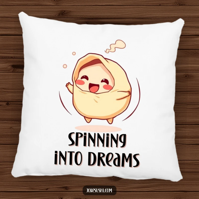 Funny pillow with a giggling gyoza character spinning with steam, adding playful charm to spaces.