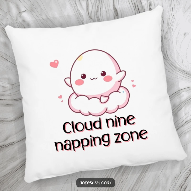 Funny pillow with a cheerful mochi character bouncing on a fluffy cloud, providing soft comfort and whimsical decor.