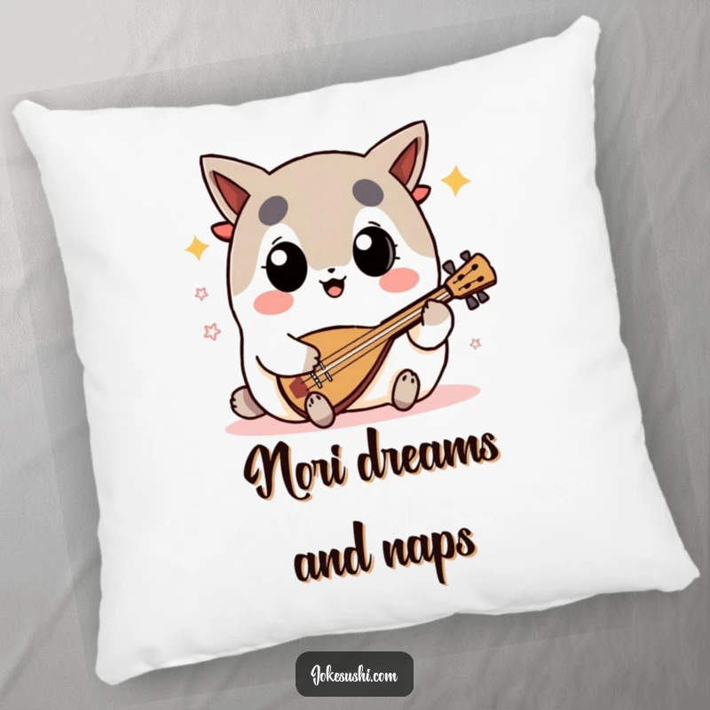 Funny nori seaweed pillow with a big-eyed character enthusiastically playing a shamisen, providing comfort and a touch of musical humor.