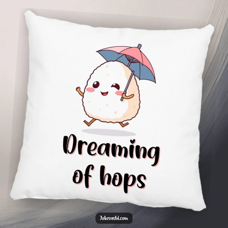 Funny pillow featuring a plush onigiri rice ball character with legs, joyfully hopping and holding a small umbrella, for comfort.