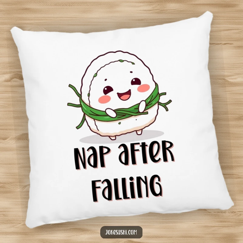 Funny Pillow: Smiling onigiri character tripping over its seaweed belt, offering comfort and a dose of adorable humor.