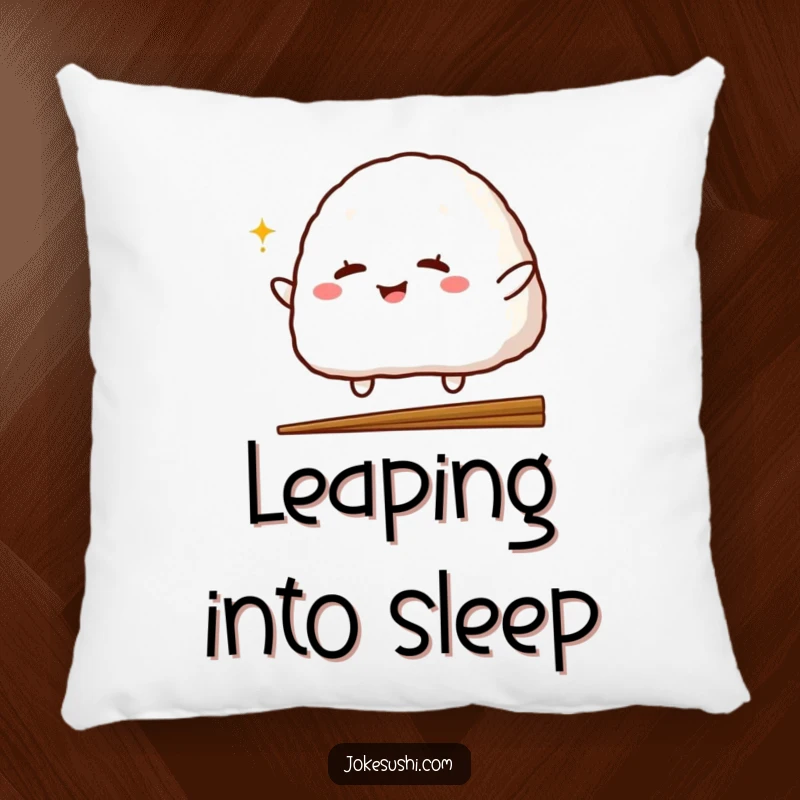 Funny pillow with a cheerful onigiri character winking while jumping over a chopstick, offering cozy comfort and a dose of silly, food-themed amusement.