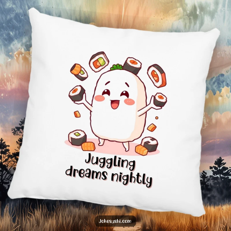 Funny throw pillow with a cheerful onigiri character juggling sushi pieces, bringing soft comfort and a delightful, savory charm.