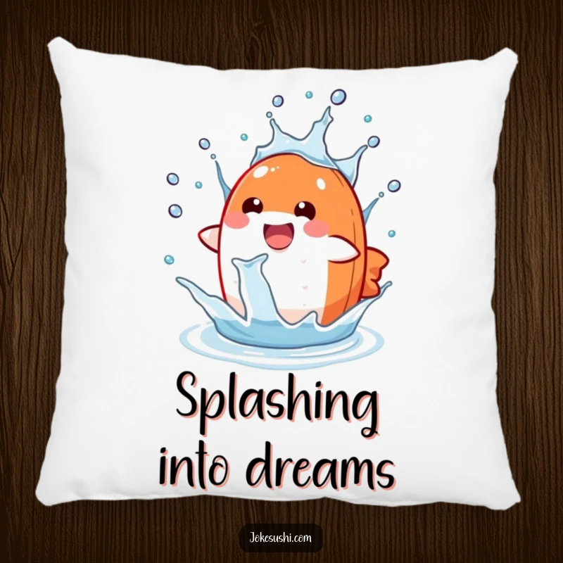 Funny salmon nigiri pillow with a delighted character splashing in a water drop, offering comfort and humor.