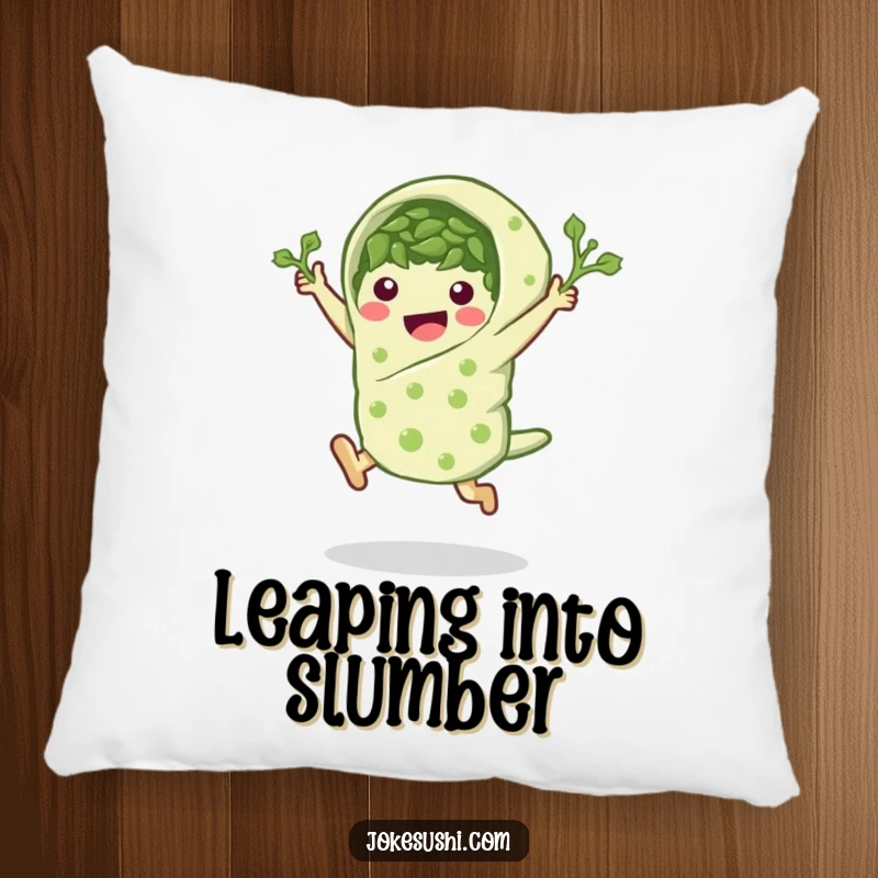 Funny seaweed wrap pillow with a peppy character in a leaping pose, offering comfort and humor.