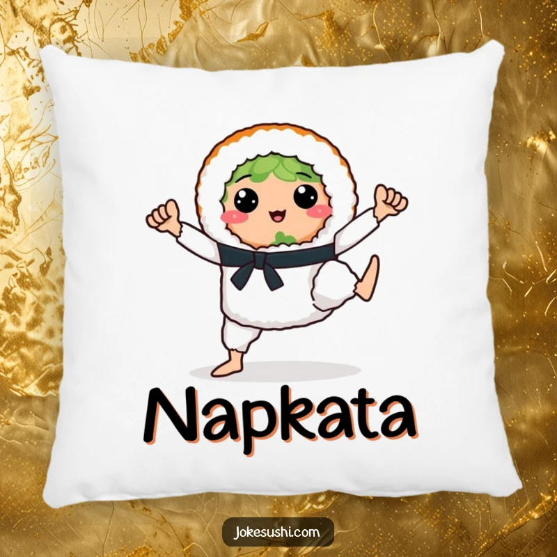 Funny sushi roll character performing a karate move on a soft pillow, bringing comfy, humorous vibes.