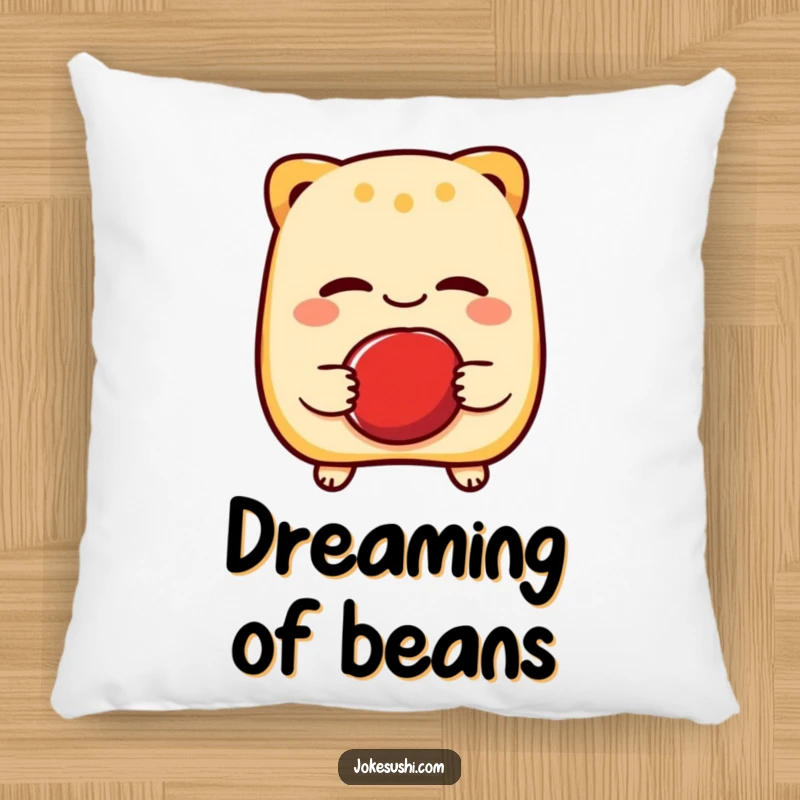 Funny pillow with a cheerful taiyaki character winking while holding a red bean, offering comfort and a sweet, humorous decorative accent.