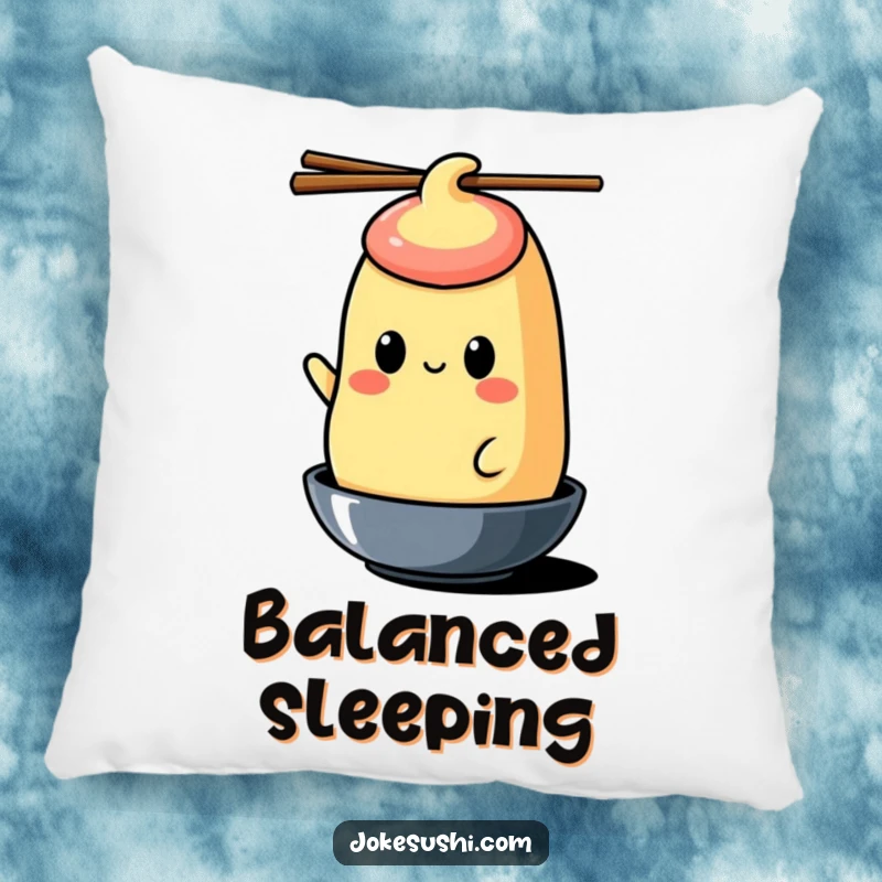 Funny tamagoyaki pillow with a cheerful character balancing chopsticks on its head, offering comfort and humor.