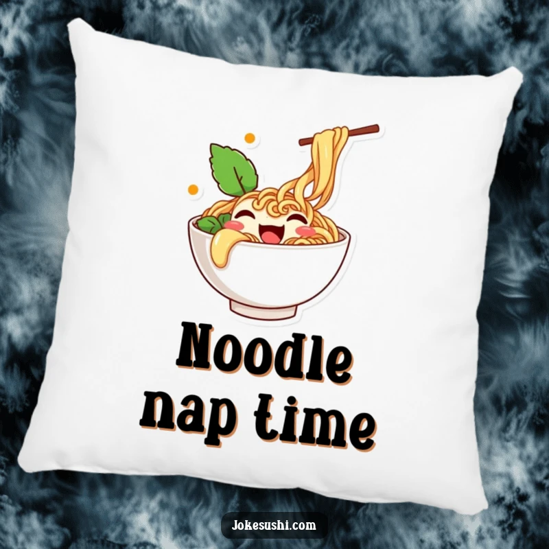 Funny pillow with a happy ramen bowl character overflowing with noodles and wiggling with cheerful movement.