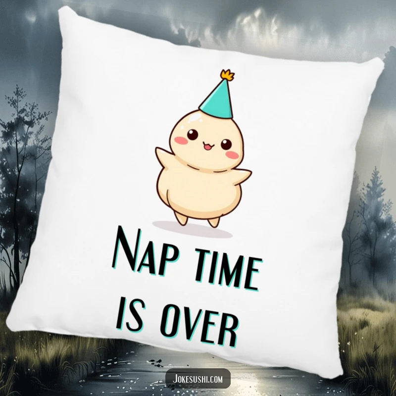 Funny dumpling party pillow, a cute character in a party hat twirling, offering comfort and festive vibes.