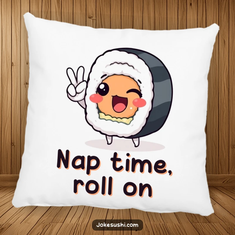 Funny sushi roll character giving a peace sign, adorning a comfortable pillow, perfect for humorous home decor.