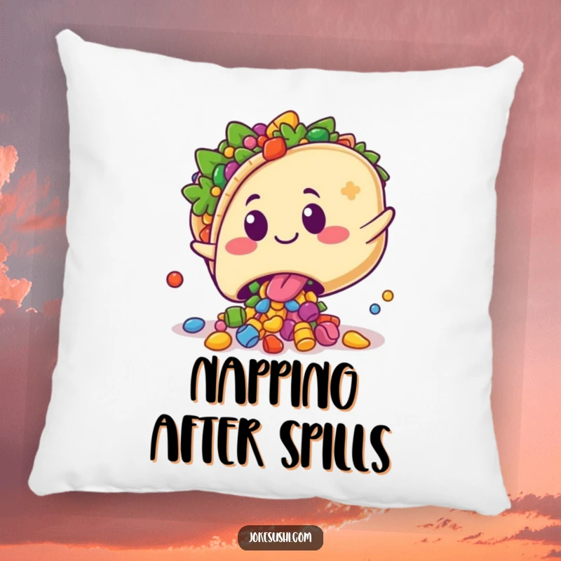Funny pillow featuring a soft kawaii taco character playfully tripping, spilling colorful fillings with a surprised grin, perfect for cuddling.