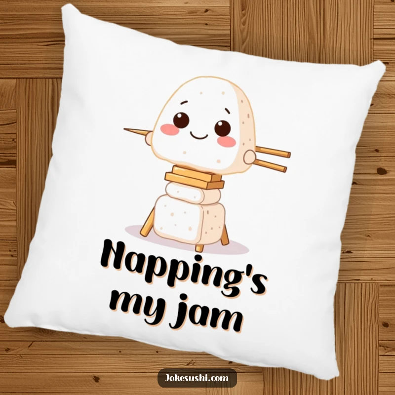 Funny pillow featuring a smiling onigiri character balancing on a tower of chopsticks, a cute and comical decorative item.