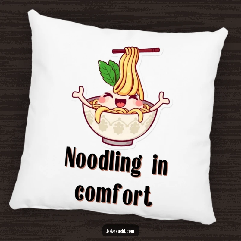Funny pillow with a winking ramen bowl character whose noodles wave like arms, offering cozy comfort and a dose of silly, food-themed amusement.