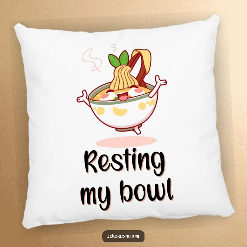 Funny Pillow: A cheerful ramen bowl character dances with steam, bringing comfort and foodie fun.