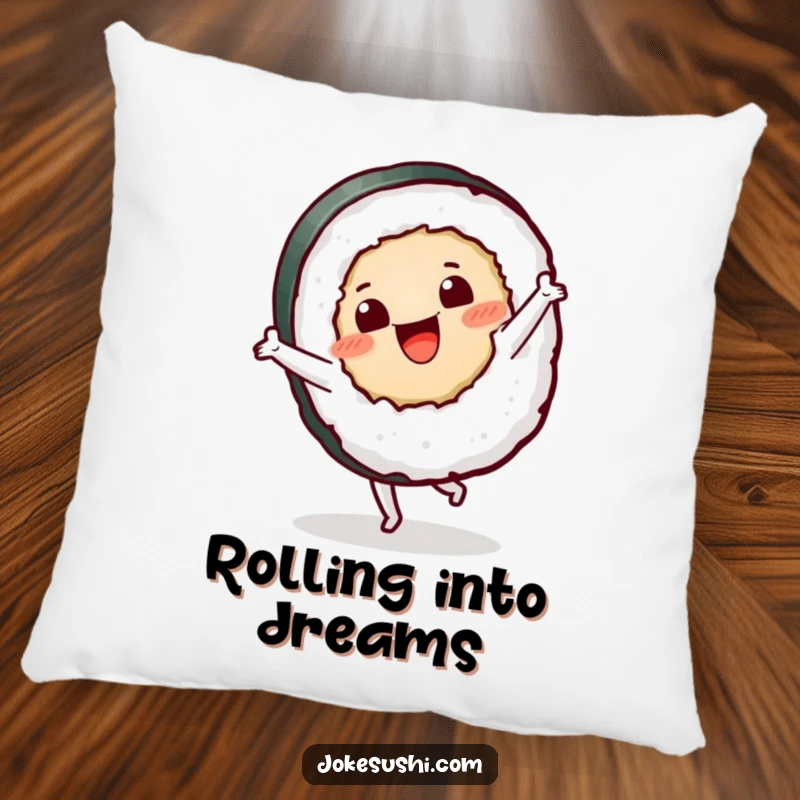 Funny sushi roll pillow with a happy character doing a cartwheel, offering comfort and humorous decor.