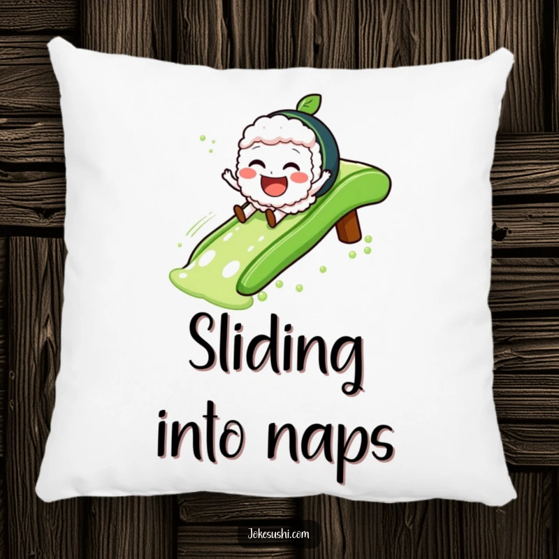 Funny Pillow showcasing a jovial sushi character sliding down a green tea slide, perfect for comfortable, humorous decor.