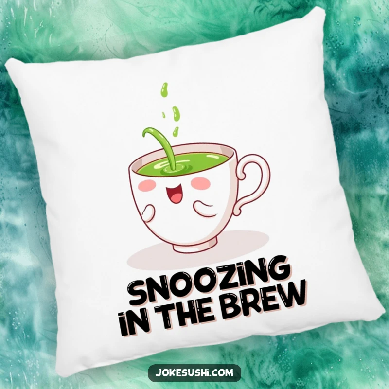 Funny pillow featuring a giggling tea cup character spilling green tea on itself, offering plush comfort and whimsical humor.