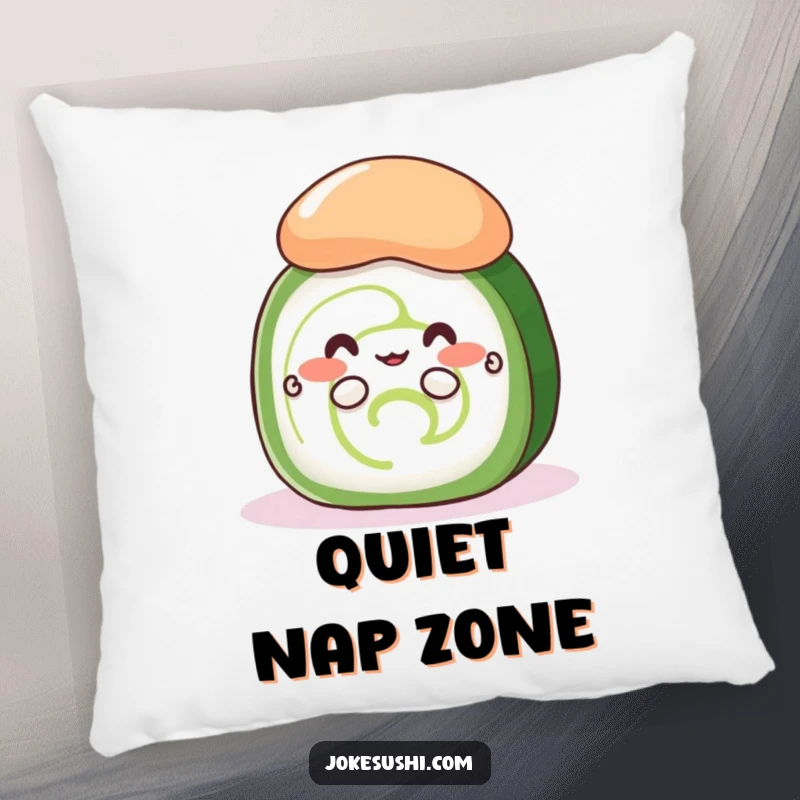 Funny shy cucumber roll pillow featuring a cute sushi peeking with tiny hands from behind wasabi, offering soft, endearing humor.