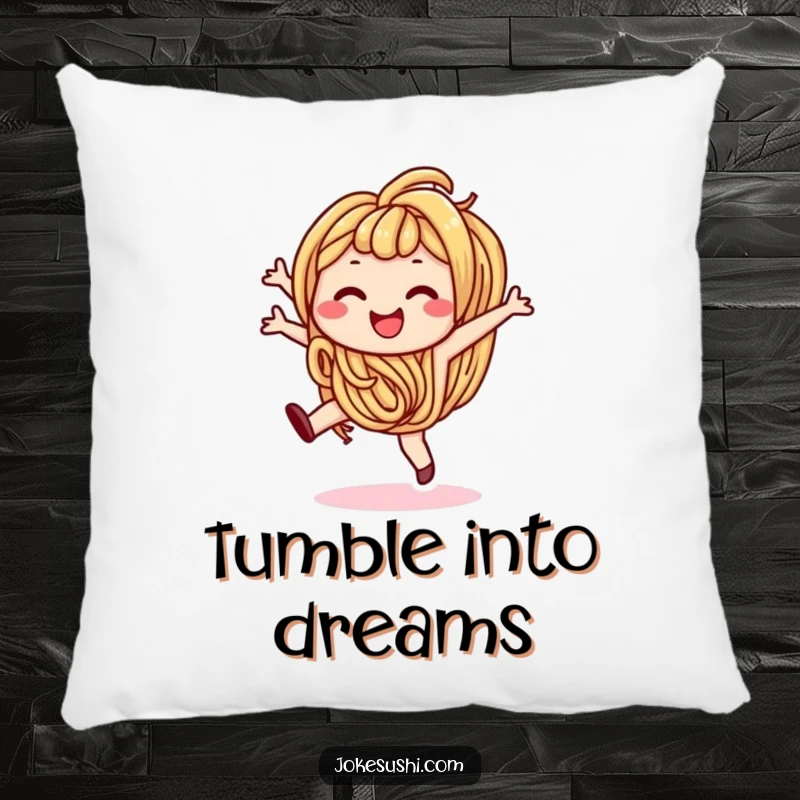 Funny decorative pillow featuring a smiling udon noodle character doing a cartwheel, offering comfort and cheerful food art.