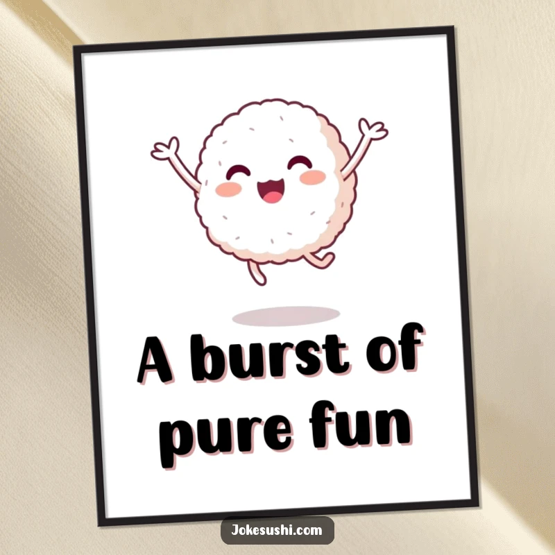 Funny Rice Ball Digital Art Print: A happy rice ball with short arms jumps playfully, a dynamic, humorous, and downloadable artwork.
