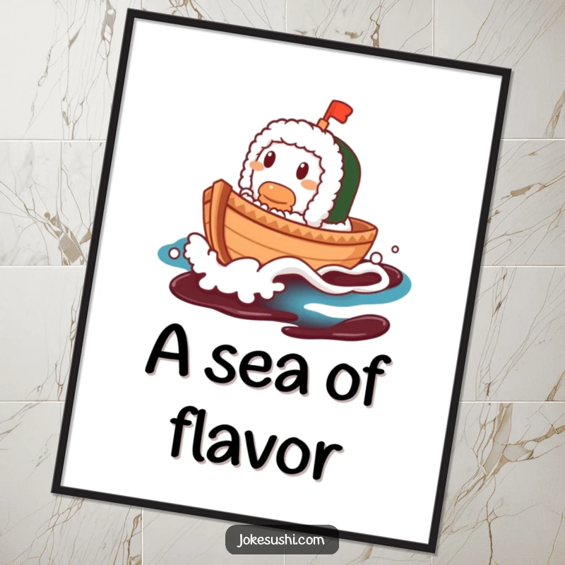 Funny Sushi Boat Digital Art Print: A contented sushi boat character sailing on a soy sauce wave, vibrant and cheerful.