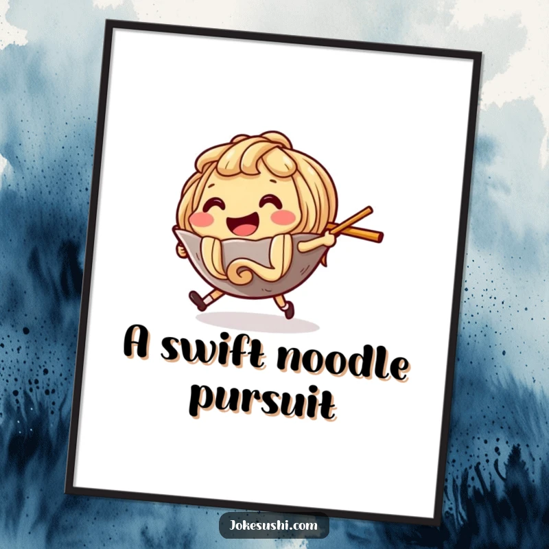 Funny Digital Art Print of a smiling ramen noodle character playfully chasing a runaway chopstick, perfect for foodies.