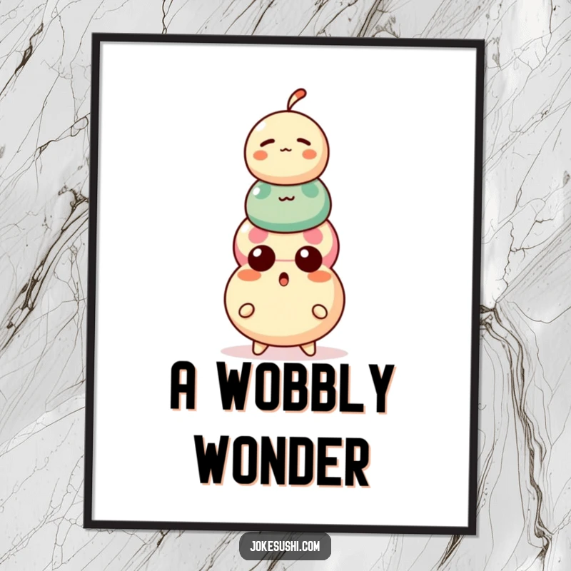 Funny Dango Digital Art Print: A surprised dango character looking shocked atop a precariously stacked three-ball treat, vibrant and fun.