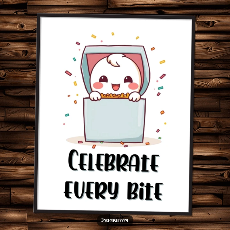 Funny bento box digital art print featuring a smiling character joyfully popping open with colorful confetti, ideal for instant celebratory decor.