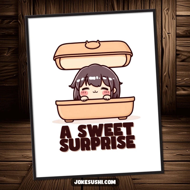 Funny digital art print of a blushing bento box character shyly peeking out, perfect wall art.