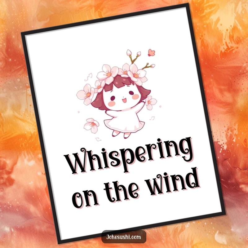 Funny cherry blossom digital art print of a character happily floating on a gentle breeze, bringing instant serenity and lighthearted humor.