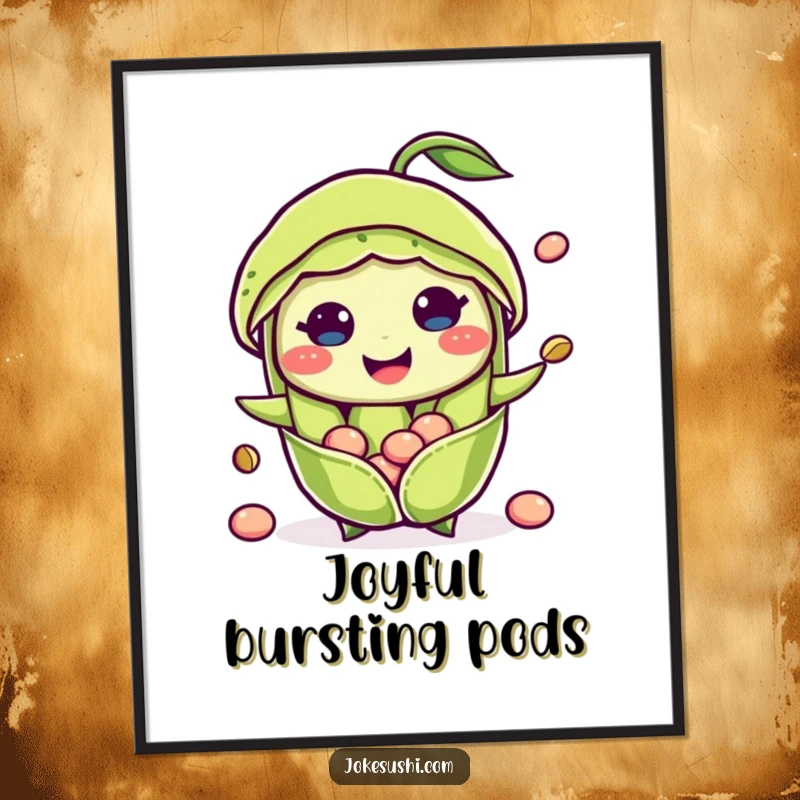 Funny digital art print of a smiling edamame pod character with its beans playfully popping out, perfect for instant humorous decor.