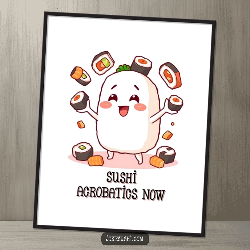 Funny digital art print of a cheerful onigiri character juggling various sushi pieces, perfect for instant humorous decor for sushi enthusiasts.