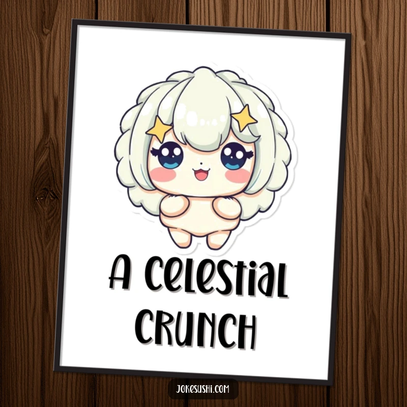 Funny digital art print of a tempura piece character with large, bright starry eyes, expressing ultimate delight and a love for food.