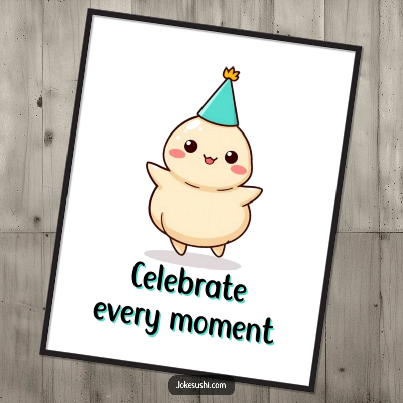 Funny dumpling party digital art print, a character in a party hat twirling, offering instant festive humor.