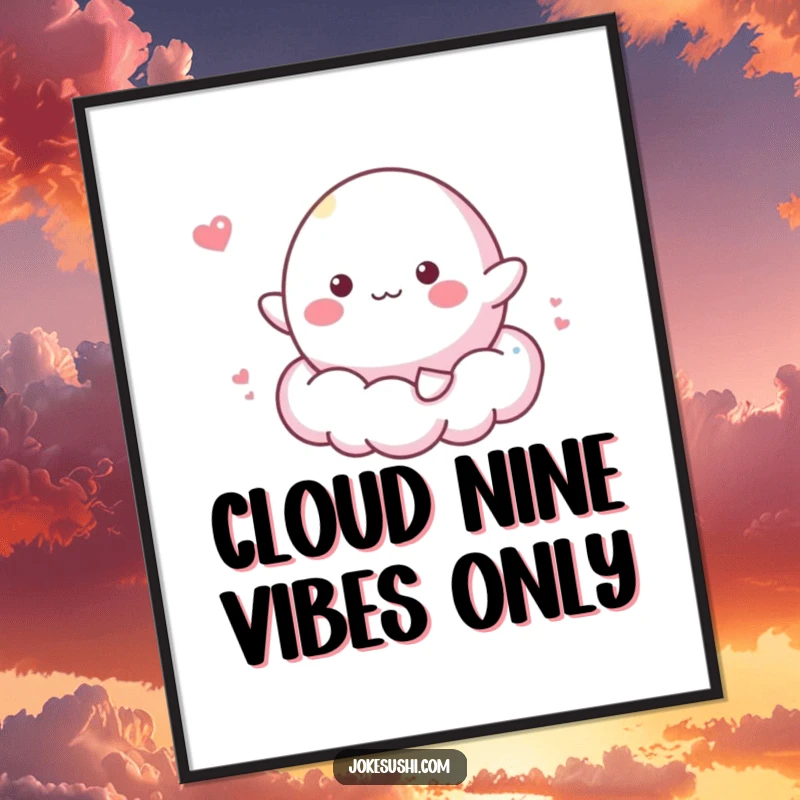 Funny digital art print of a cheerful mochi character bouncing on a fluffy cloud, offering instant whimsical and sweet decor.