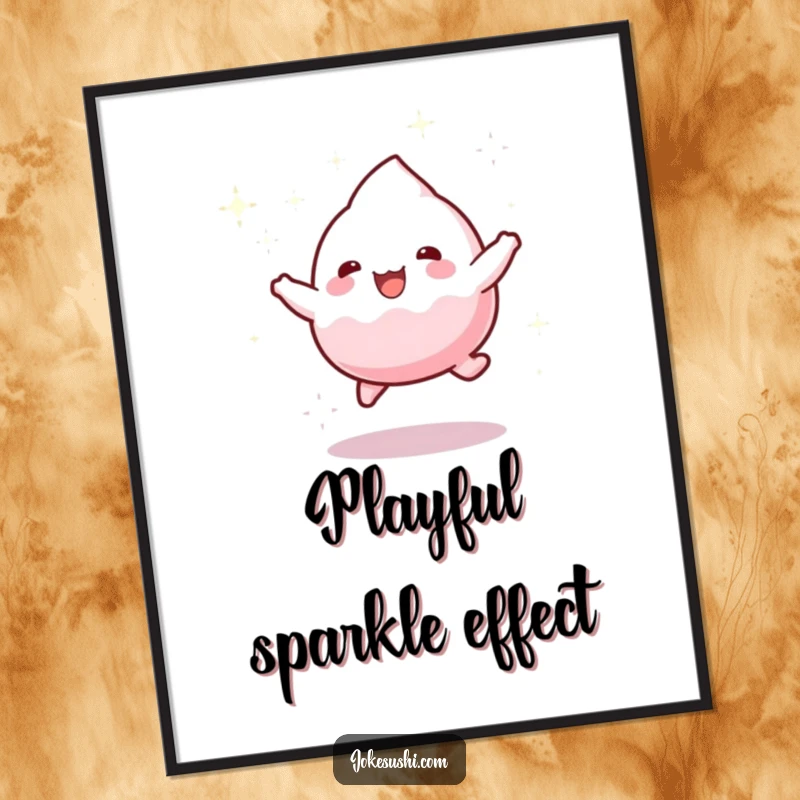 Funny digital art of a playful mochi character bouncing gleefully with a trail of sparkling dust, instantly downloadable.