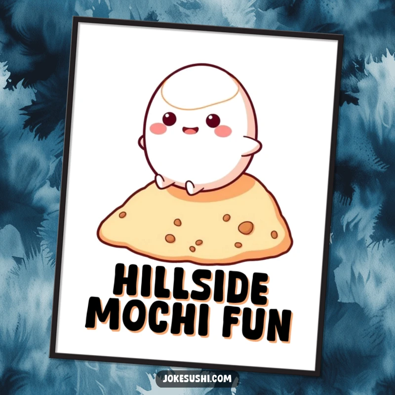 Funny digital art print of a bouncy mochi character rolling down a small hill, ideal for playful, humorous, and charming home decor.