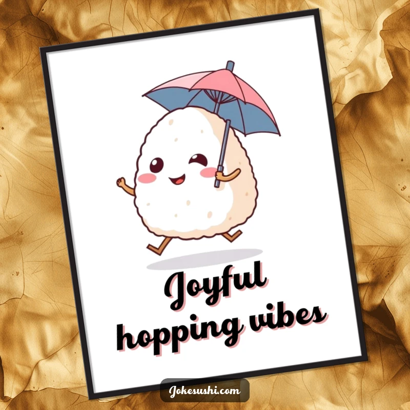 Funny digital art print of a smiling onigiri rice ball character hopping excitedly with legs, holding a tiny umbrella, ready to frame.