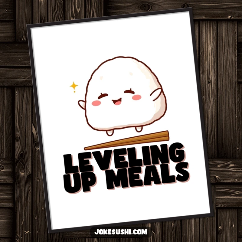 Funny digital art print of a winking onigiri character jumping over a chopstick, perfect for instant download and adding playful, food-themed charm.