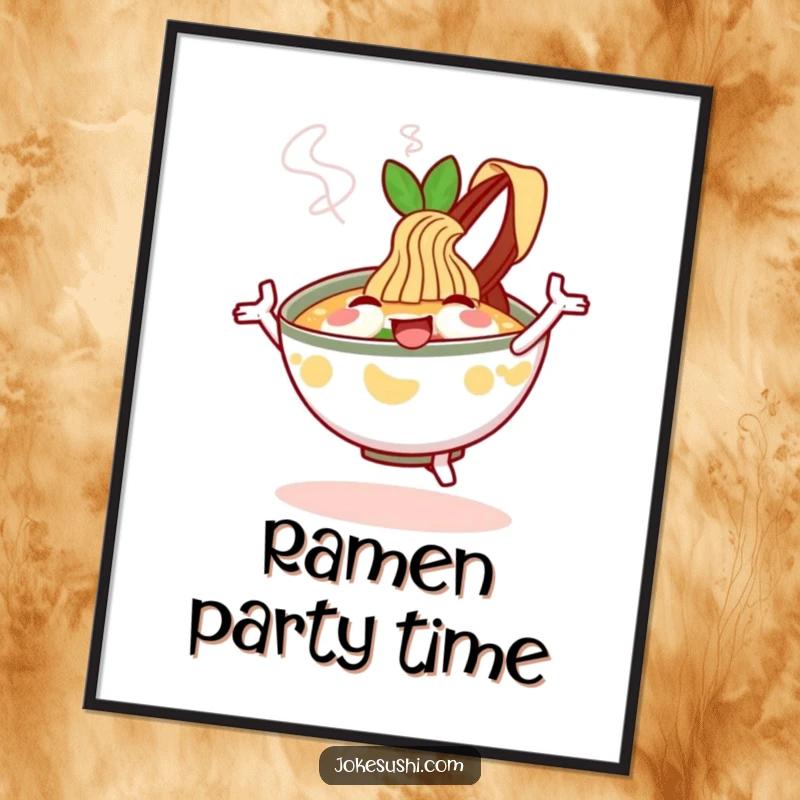Funny Digital Art: A cheerful ramen bowl character dancing with steam, a comforting and fun piece for foodie decor.